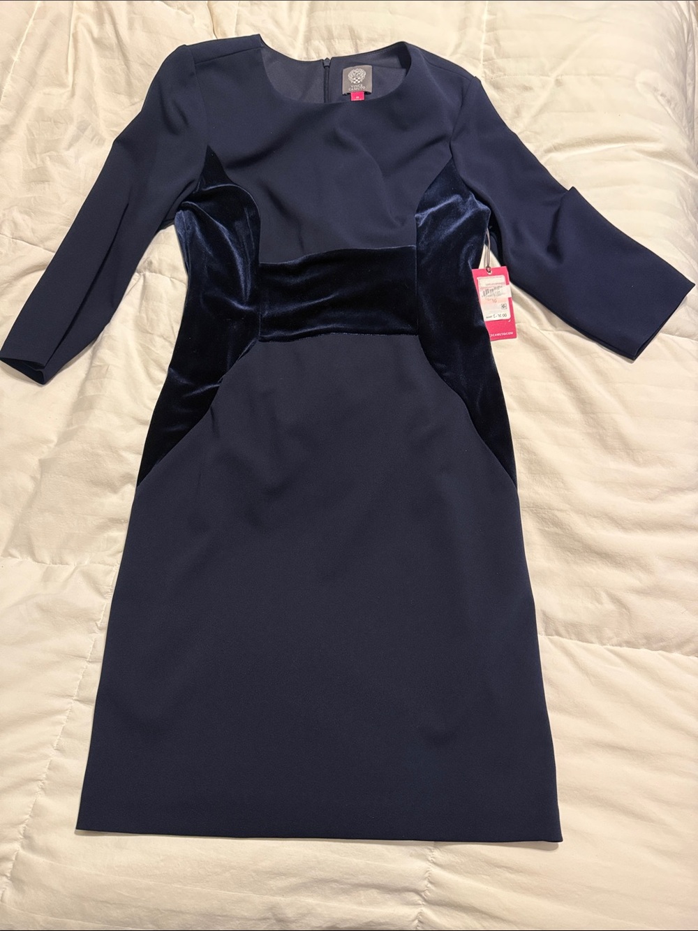 Vince Camuto - Navy Velvet-Panel Long Sleeve Sheath Dress - Size 10